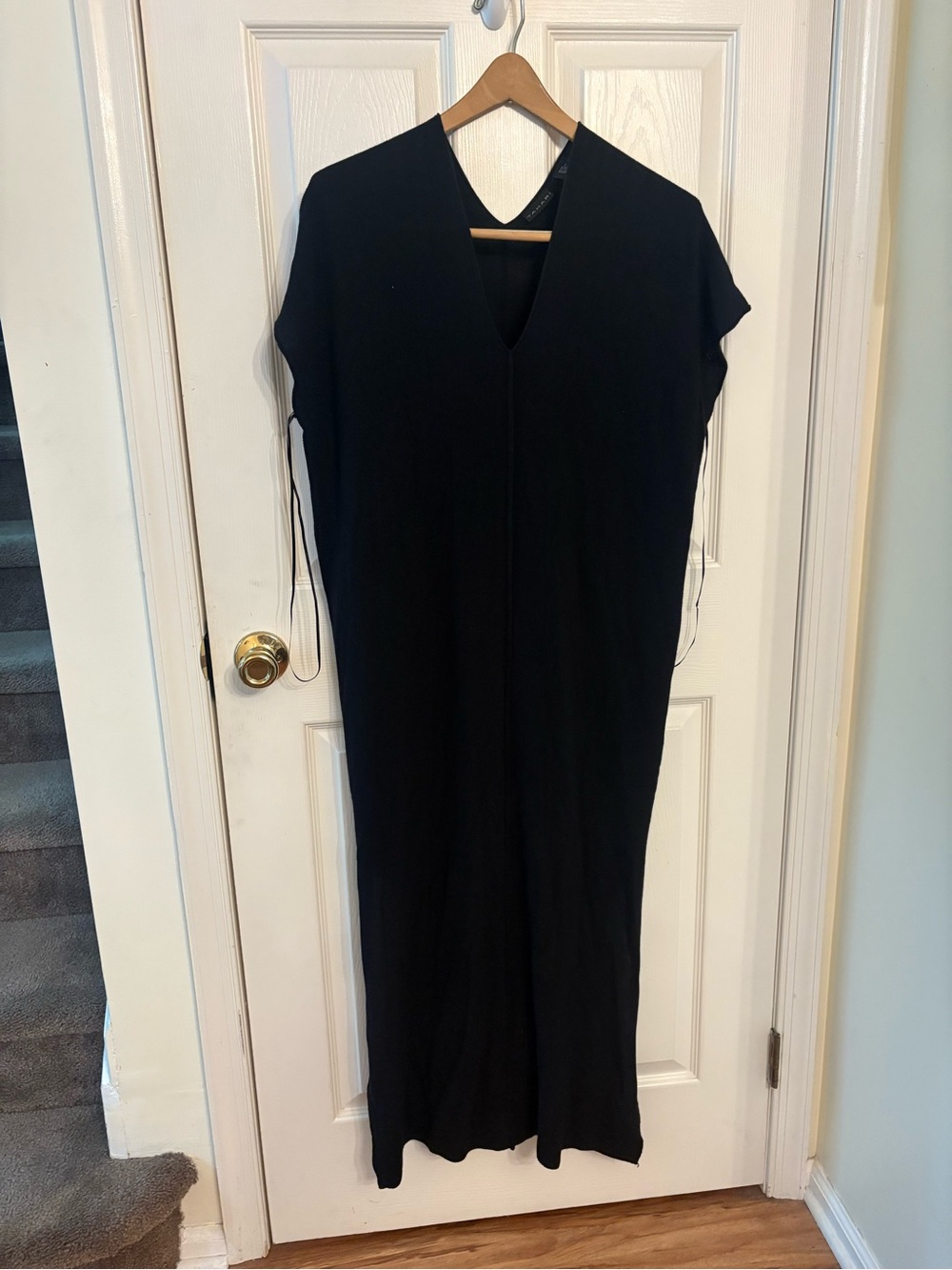 Tahari Black Knit Maxi Dress V-Neck Caftan Cap Sleeve Long Loungewear Women XS